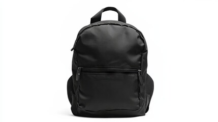 Naklejka premium A black backpack front view, isolated on white. Subject photography of stylish black backpack in casual style on white background. Black knitted backpack with zippers and fasteners.