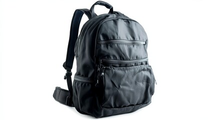 Naklejka premium A black backpack front view, isolated on white. Subject photography of stylish black backpack in casual style on white background. Black knitted backpack with zippers and fasteners.