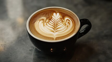 Cup of cappuccino with intricate latte art on the foam