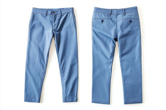 Blue chinos front and back on white backgroun