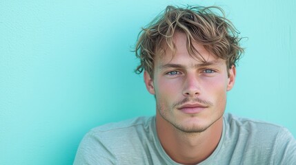 Fototapeta premium Contemplative young man against vibrant turquoise background capturing the essence of modern lifestyle and self-expression