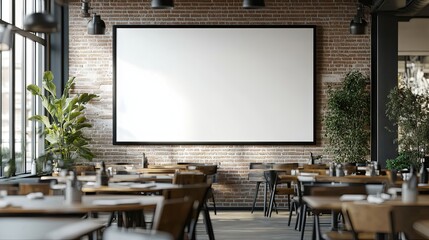 A large blank TV screen mounted on a wall in a coffee shop, cafe. Bright modern interior. A large plasma TV in a restaurant