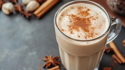 Cup of creamy chai latte with a dusting of cinnamon on top