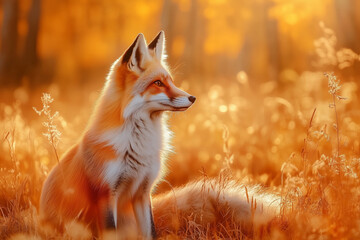 majestic red fox in an autumnal setting, bathed in warm, golden sunlight. The fox gazes attentively to the side, with a background of blurred, golden-hued grass and foliage