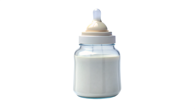 A baby bottle filled with milk on a clean white background, highlighting simplicity and essential baby care