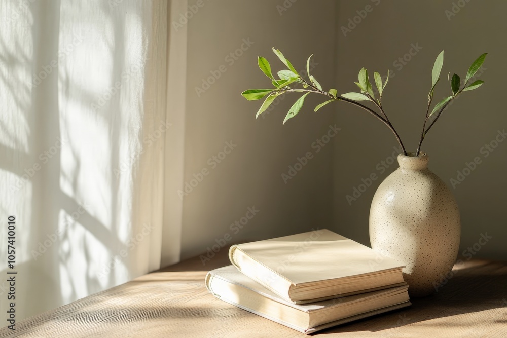 Aufkleber A minimalist scene featuring two closed books stacked on a wooden table with a simple vase holding a green leafy branch, bathed in soft sunlight streaming through a window.