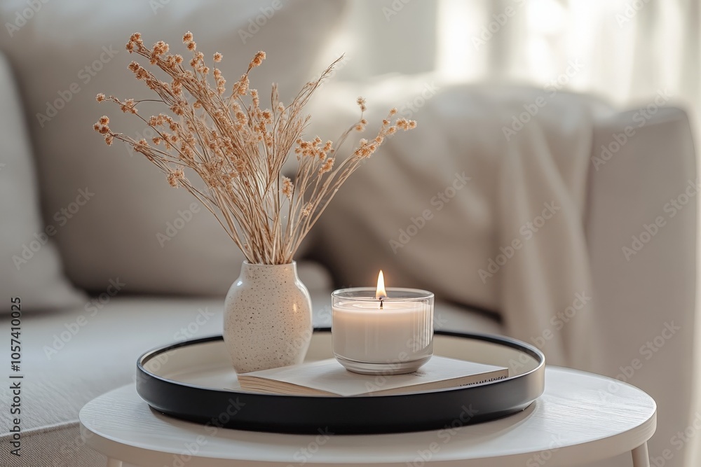 Aufkleber A serene setup with a lit candle beside a vase of dried flowers placed on a round tray on a white table, with a blurred background creating a calm atmosphere.