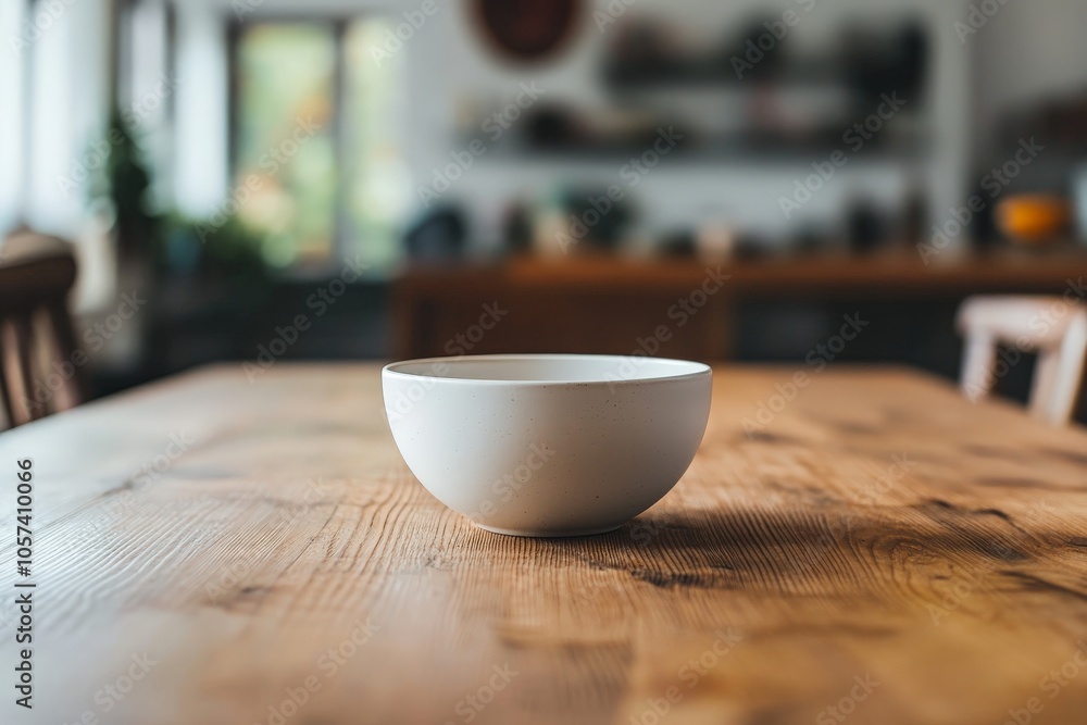 Aufkleber a strikingly simple white bowl with a minimalist design sits on a natural wooden kitchen table, crea