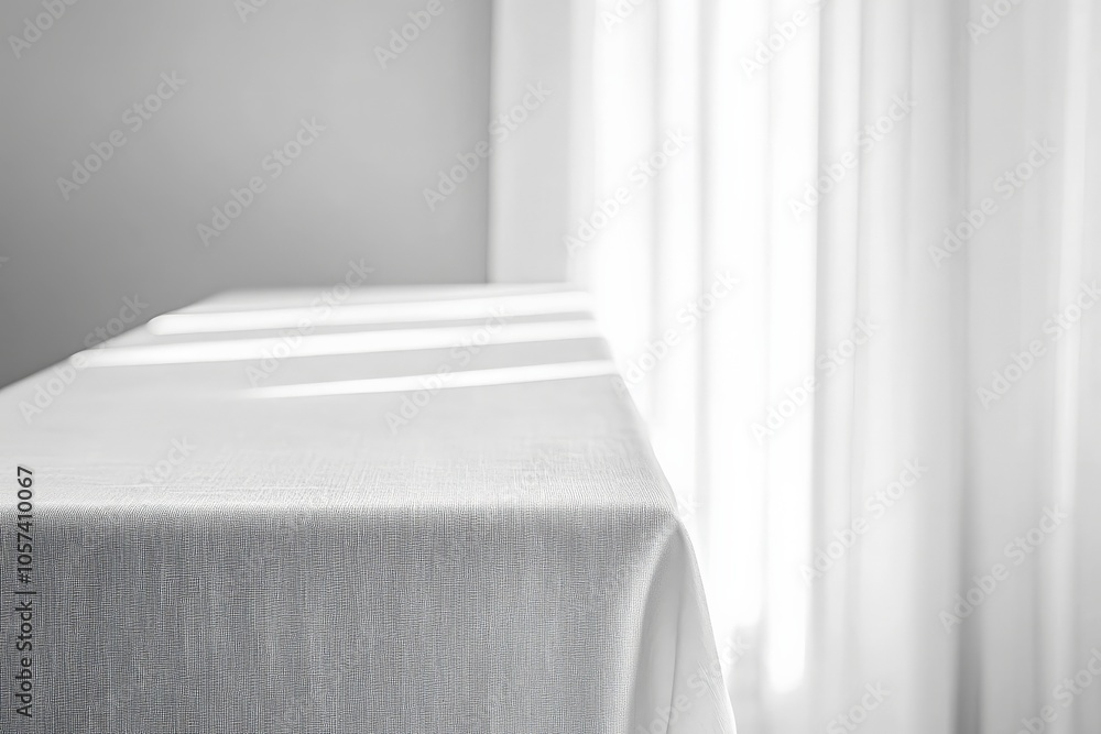 Poster A sunlit table, draped with a simple yet elegant white tablecloth, invites tranquility and elegance with softly shining rays enhancing the ambiance of quiet sophistication.