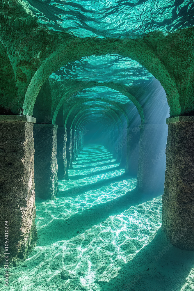 Poster a tranquil underwater corridor features ancient stone arches with sunlight shimmering through the wa