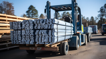 Naklejka premium Efficient delivery of raw materials steel beams and rebar transported for construction projects