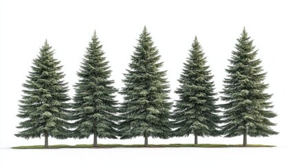 Obraz premium Group of tall fir trees with deep green foliage, representing a forested landscape, isolated on white background