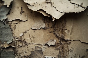 Obraz premium The image depicts a rough layered surface with peeling paper, revealing a complex texture beneath, showcasing natural weathering and a rich visual depth.