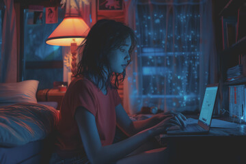 Woman wearing a red t-shirt sitting on a chair using a laptop There is a blue light from the screen.