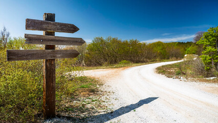 An old wooden road sign stands next to an old dirt road.