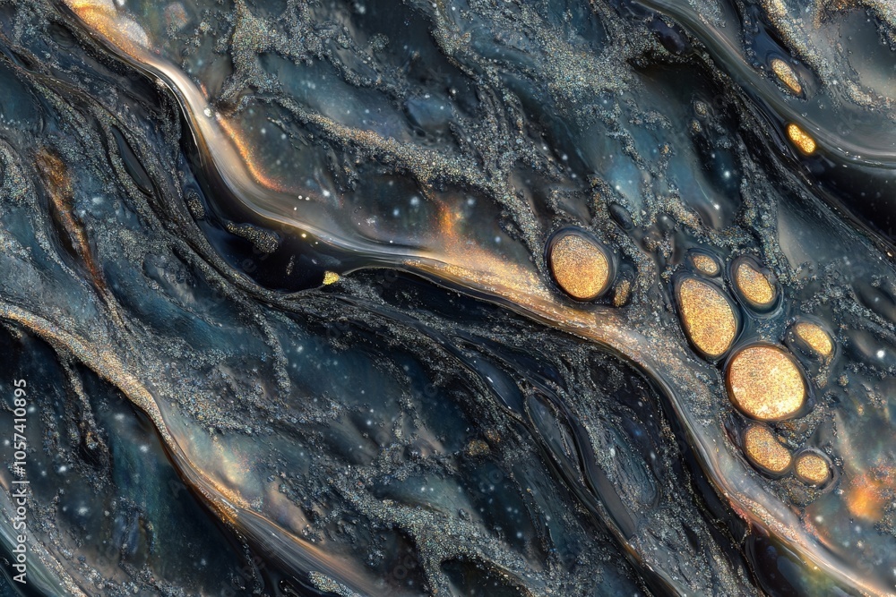 Poster an abstract image featuring fluid marble textures with golden highlights, creating a swirling sense 