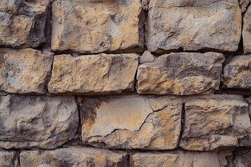 A robust stone wall, each stone uniquely weathered, arranged in rows, highlighting earthy tones that emphasize its natural and sturdy appearance.