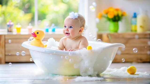 A baby in a bathtub filled with bubbles, holding a yellow rubber duck, surrounded by baby bath products like shampoo and soap