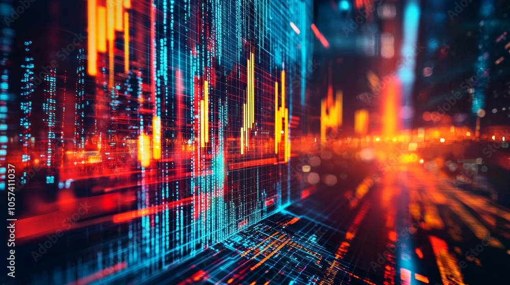 Poster digital finance data visualization with glowing charts