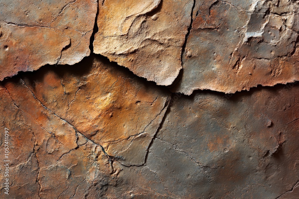 Poster a close-up image featuring the textured surface of a geological rock showing rich earthy colors and 
