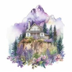 Watercolor illustration of a mountain cabin.