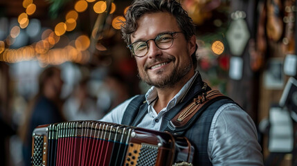 Musician with glasses smiling and playing accordion in blurred restaurant background