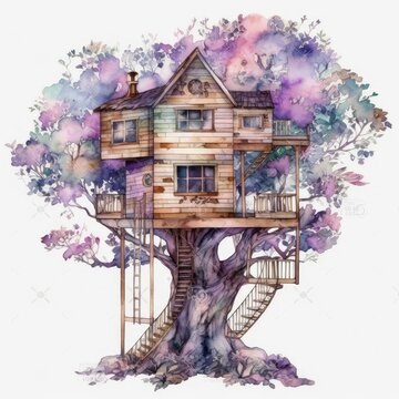 Watercolor illustration of a tree house in a tree.