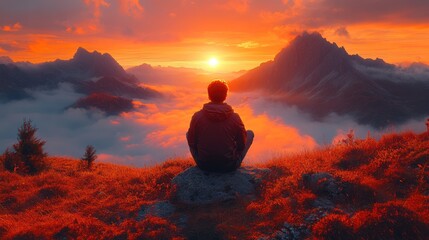 Obraz premium A lone man sits on a mountaintop overlooking a sea of clouds at sunset, bathed in golden light.
