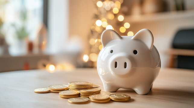 
A white piggy bank on a festive holiday table with gold coins and Christmas lights in the background, symbolizing holiday savings and budgeting for the season.