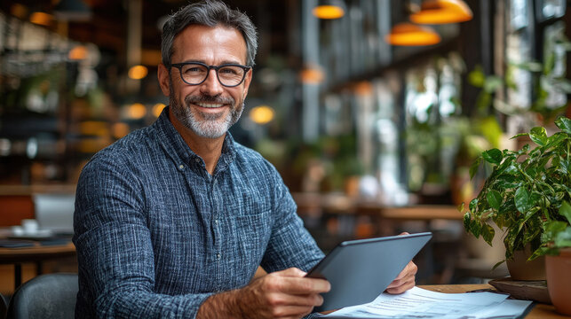 A middle-aged man sits at a cafe, engaging with his tablet while surrounded by plants and warm natural light - Powered by Adobe