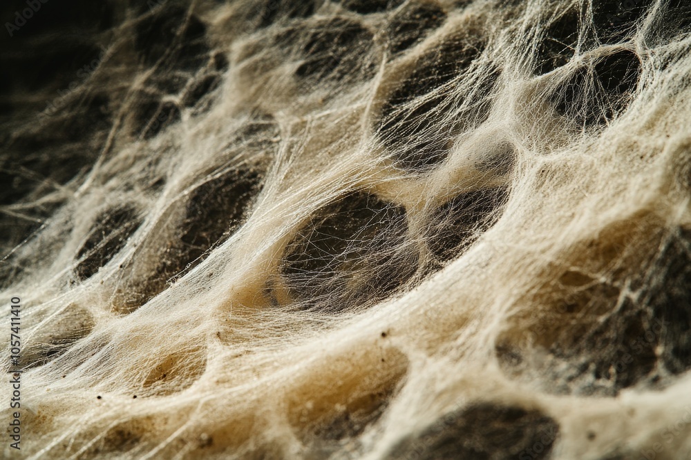 Poster Intricate web of fine threads forming a delicate, organic texture, showcasing the complexity and beauty of natural patterns, with subtle lighting accentuating details.