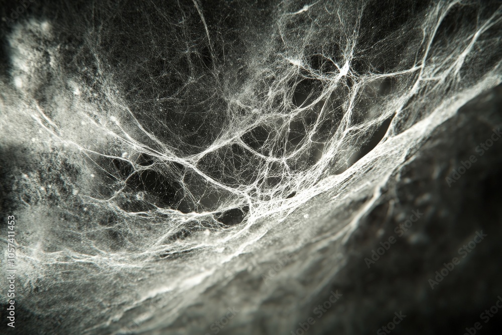 Fototapete A subtle and delicate network of web strands creating an intricate pattern, showcasing the fragility and interconnectedness of natural formations in a mysterious way.