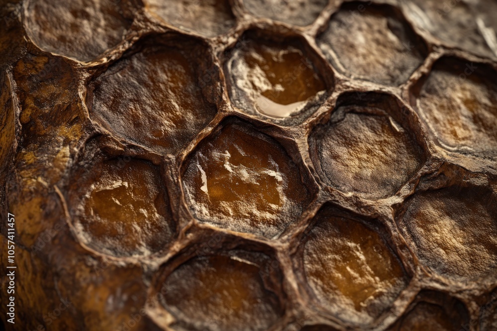 Poster A detailed view of a honeycomb structure with hexagonal cells filled with golden nectar, showcasing the perfection of nature's geometric patterns and natural design precision.
