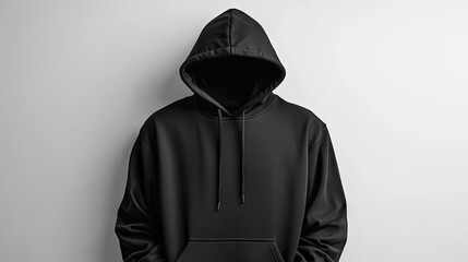 Black hoodie isolated on white background. Mockup of a black men's hoodie on a white background