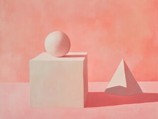 Pink and white geometric shapes, a sphere on top of a cube on the left side, a pyramid shape in the front right, minimal background, a still life, a pastel color palette, soft lighting, a natural look