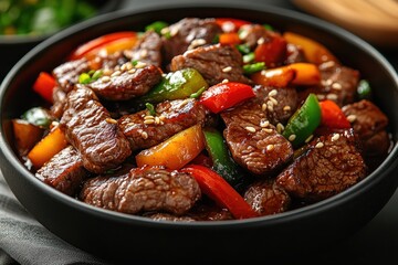 A delicious stir-fried beef dish with colorful vegetables and sesame seeds in a bowl.