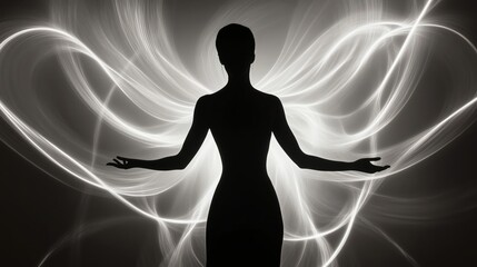 She is wearing a black dress and her arms are outstretched