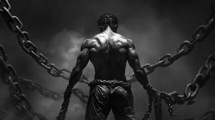 A muscular man stands with his back to the camera, surrounded by chains.