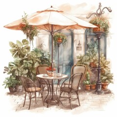 Charming cafe patio with umbrella and plants.