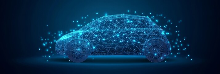 Obraz premium Digital Car Connecting Dots and Triangles in a Futuristic Automotive Innovation Illustration