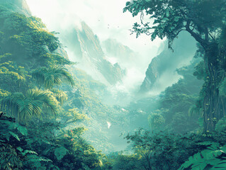 Lush tropical rainforest with mist-covered mountains creating a serene and mysterious atmosphere.