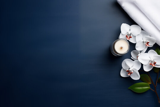 Elegant Spa Setting With Orchids and Candle on Dark Blue Background - Space for Text