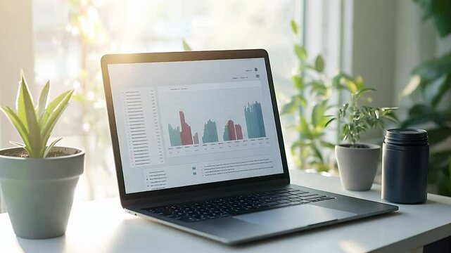 A modern laptop mockup with white screen on financial accounting of profit summary graphs analysis background