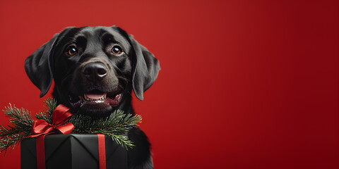 Happy dog ​​black labrador with red gift box with bow on red background. Greeting card, black friday sales concept. banner copyspace