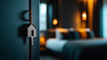 Close-up of a house-shaped keychain hanging from a blue door with a blurred view of a cozy bedroom in the background.