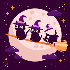 Three witch cats flying on broomstick. Witch cats flying on broomstick. Halloween vector illustration. Night sky with full moon on background. Cute kawaii kittens.