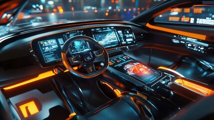 Futuristic car interior with digital dashboards and autonomous