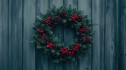 Christmas Wreath with Pine Cones and Red Berries on Wooden Background