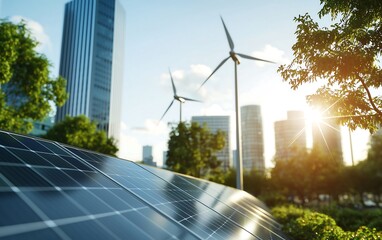 A sunny urban landscape featuring solar panels and wind turbines, symbolizing renewable energy and sustainability in modern architecture.