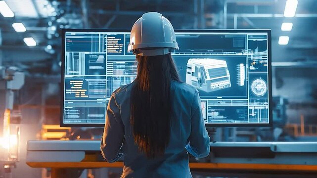 Back view of woman industrial engineer in safety helmets standing, looking and check on high techno screen monitor computer and machinery. Industry, metaverse machine engine concept	
